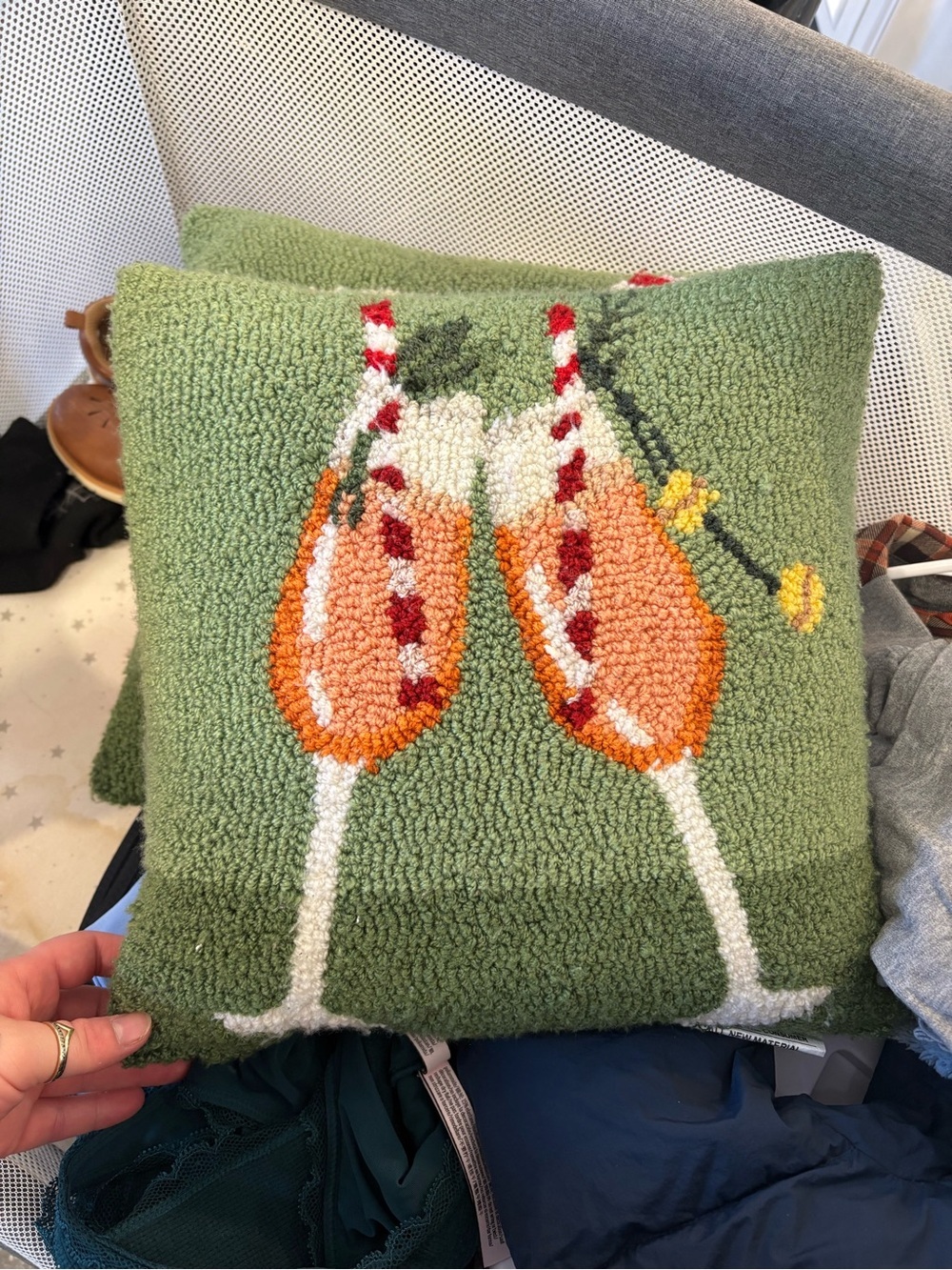 Green Holiday Pillow with Toasting Champagne Glasses